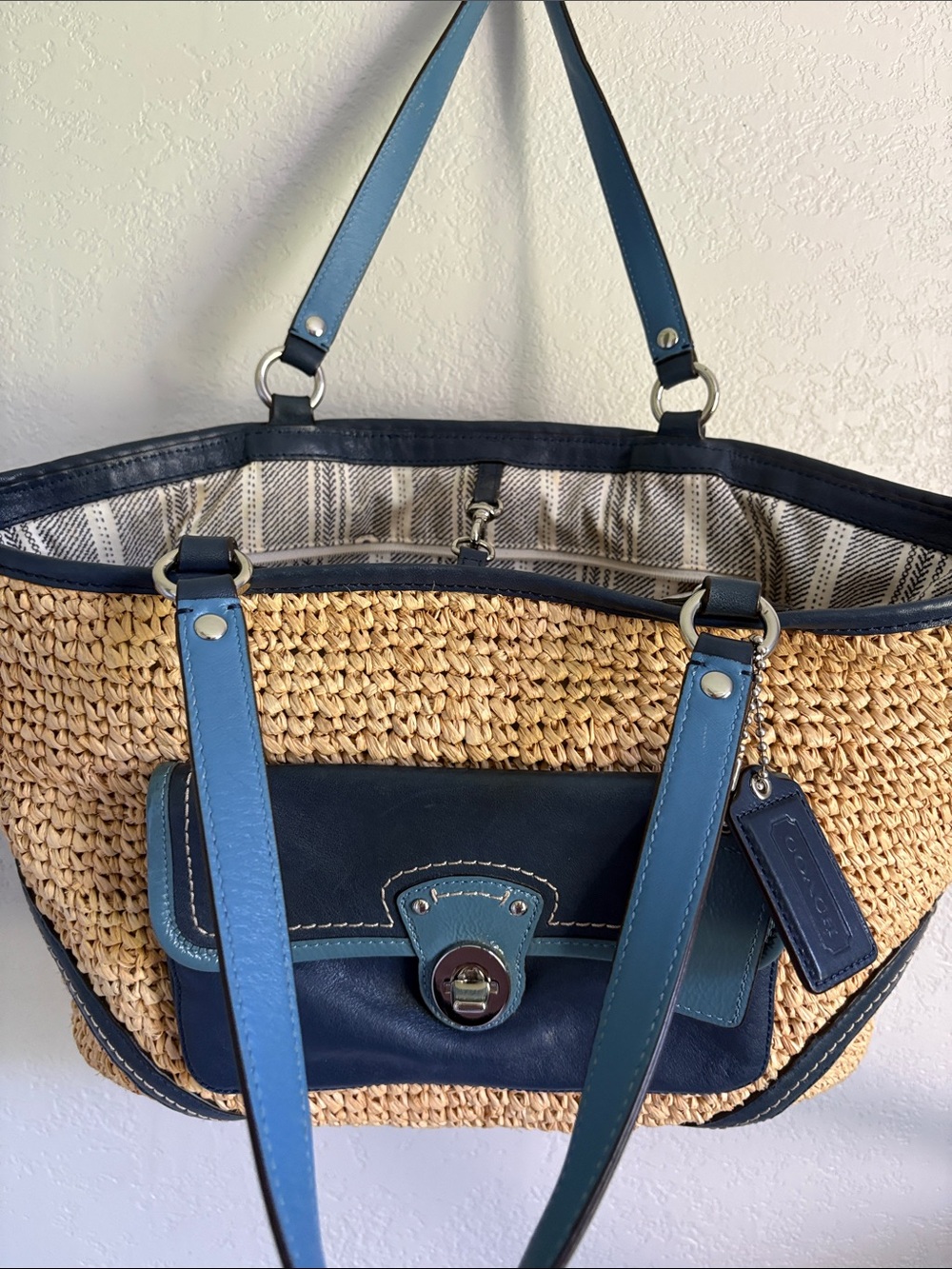 Coach Legacy Raffia natural/navy Straw leather pocket tote bag - Picture 7 of 15